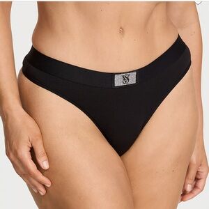 Victoria Secret Black Cotton Bling Logo Patch Thong Panties